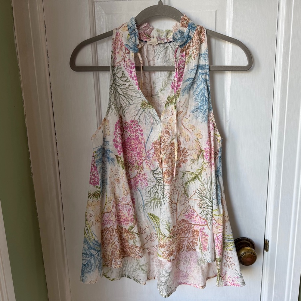 Pilcro Floral Ruffle Linen Swing Tank - Pink, Blue, Green Size XS